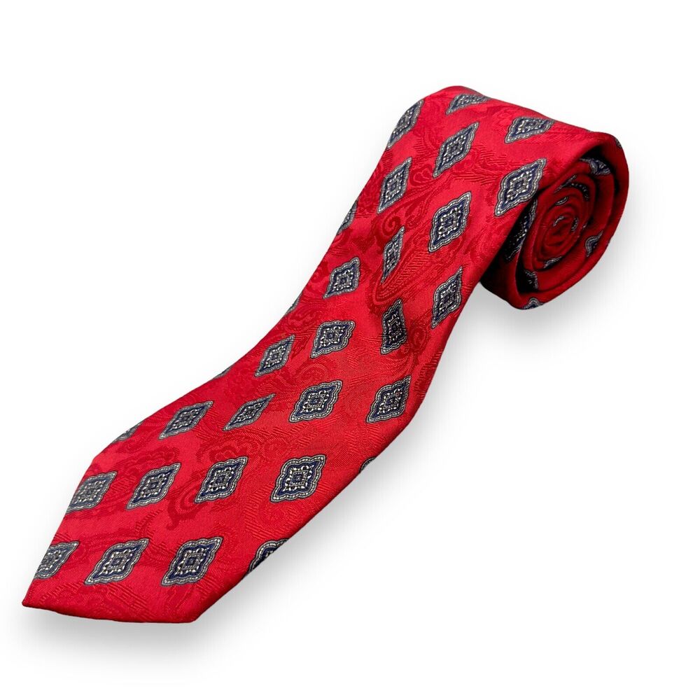 X'andrini Mens 100% Silk Tie Made in USA Red‎ Black White Geometric 60 x 3.5